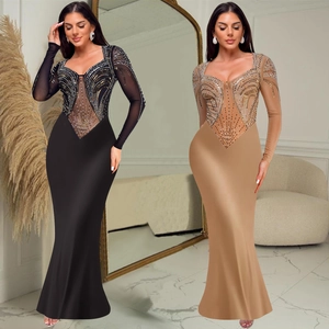 Women Elegant Rhinestone Mesh Splicing Long Sleeve Maxi Dress Slim Fit Evening Party Formal Bodycon Dress