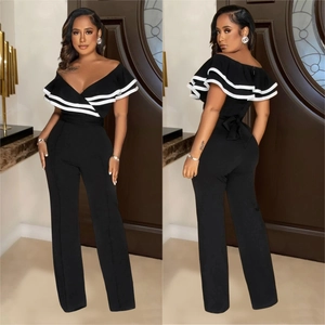 Elegant sleeveless deep V-neck jumpsuit with ruffled details and wide leg pants
