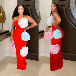 Elegant red halter backless maxi dress featuring three large 3D floral accents for women