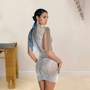 Detail of silver sequin fringe mini dress showing sparkling beads and tassels