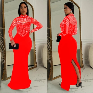 Elegant red bodycon floor-length dress with mesh patchwork and pearl rhinestone detailing