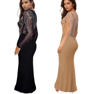 Elegant rhinestone evening dress with sheer mesh sleeves and slimming mermaid cut