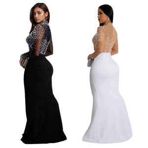 Elegant slim fit long sleeve fisheye evening dress with rhinestones in black and white