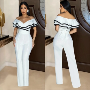 Elegant white sleeveless V-neck jumpsuit with ruffled details and stylish wide leg pants