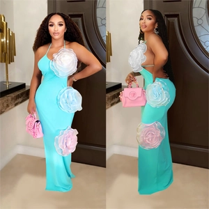 Slim fit light blue halter maxi dress featuring vibrant 3D floral accents for women