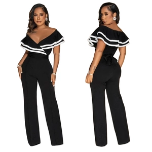 Front and back view of black wide-leg jumpsuit with white off-the-shoulder ruffles and back bow