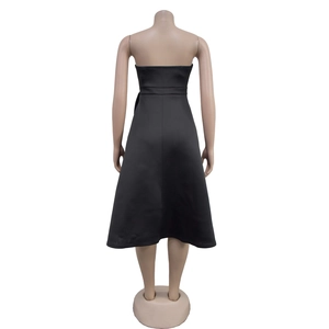 Back view of a black sleeveless A-line midi dress with a fitted waist on a mannequin