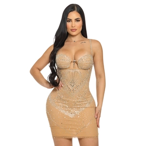 Detailaufnahme der feinen Strass-Geometriemuster auf dem Mesh-Bodycon-Minikleid