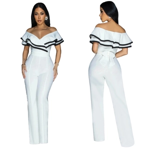 Detailed view of white off-shoulder jumpsuit with V-neck ruffles and back bow detail