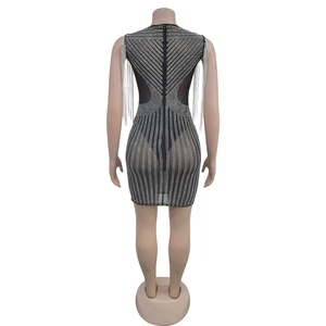 Rear view of black mesh party dress featuring silver rhinestones and long fringe chains