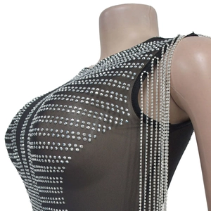 Detail of black mesh dress featuring silver rhinestones and sparkling shoulder tassels