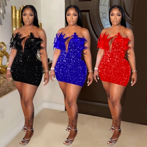 Elegant Women Sequin Feather Mini Dress Sexy Deep V Sleeveless Bodycon Slim Fit Party Evening Cocktail Clubwear Short Dress