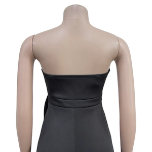 Rear view detail of a sleek black sleeveless bodycon midi dress in stretchy fabric