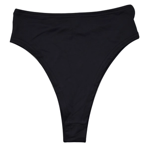 Detailed view of high-waisted black swim briefs with high-cut design and wide waistband