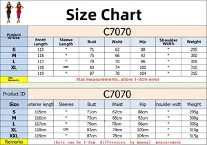 Tableau des tailles détaillé pour robe longue C7070 avec mesures de buste et de taille
