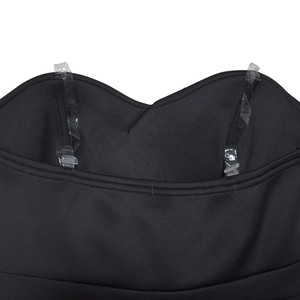 Detail of sweetheart neckline on black sleeveless midi dress with clear adjustable straps