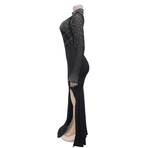 Detail view of sparkly rhinestones on semi-transparent black mesh long sleeves