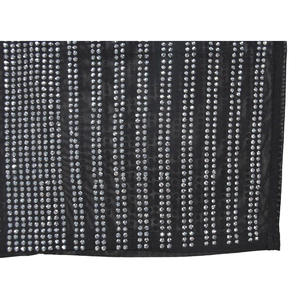 Detail of black mesh fabric featuring vertical rows of shimmering silver rhinestones