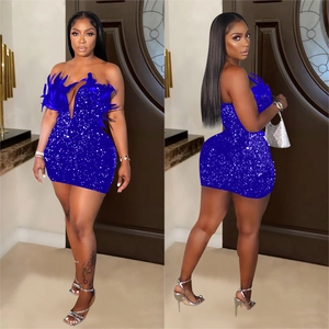 Elegant royal blue sequin mini dress with feather trim and slim fit silhouette