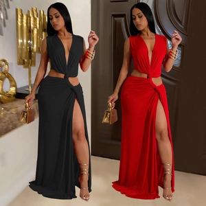 Women Sexy Deep V Neck Sleeveless Maxi Dress With Waist Cut-out High Slit Hollow Twist Knot Evening Party Long Dress