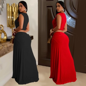 Elegant sleeveless crop top and high-waist maxi skirt set for women in black and red