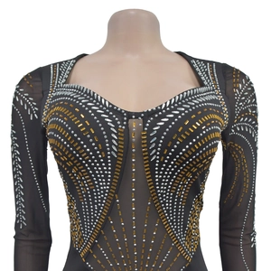 Detail of sheer black mesh bodysuit with sweetheart neckline and sparkling rhinestones