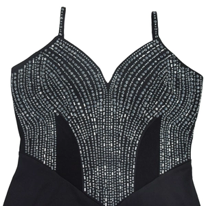 Detail of black V-neck bodice with silver rhinestones and mesh side panels