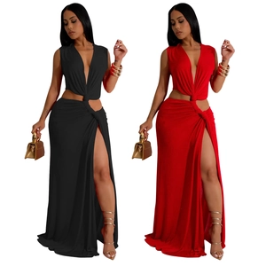 Detail view of the deep V-neck and twist knot design on the black and red dresses