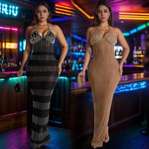 Women Sexy Halter Deep V Rhinestone Artificial Pearl Bodycon Maxi Dress Backless High Slit Elegant Evening Party Nightclub Long Dress