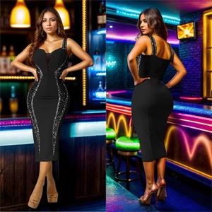 Robe midi moulante noire pour femme avec col en V en mesh et paillettes argentées