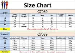 Detailed size chart for C7089 V-neck rhinestones dress showing S to XXL measurements