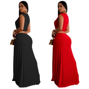 Women's sexy sleeveless V-neck crop top and high waist slit long skirt two-piece set