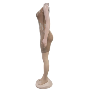Detail of nude bodycon mini dress with silver rhinestones and sleeveless design