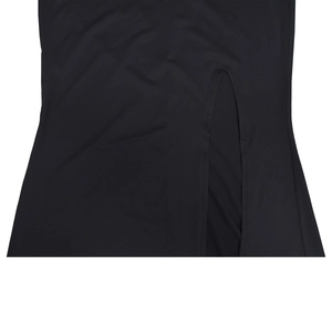 Detail of high side slit on elegant black dress with smooth fabric and seamless edges
