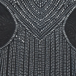 Close-up of sparkling silver rhinestones on black mesh fabric sleeveless dress