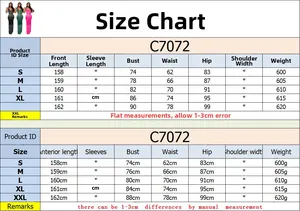 Size chart for rhinestone evening gown C7072 showing detailed S to XXL measurements