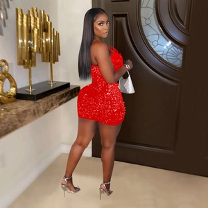 Detailed close-up of red sequin fabric on a sleeveless bodycon mini party dress
