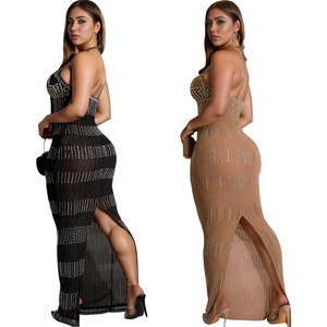 Elegant sleeveless halter neck dress with rhinestones and back slit in black and apricot
