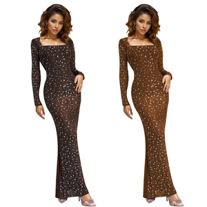 Detail of square rhinestones on slim fit square neck long sleeve dresses in black and brown