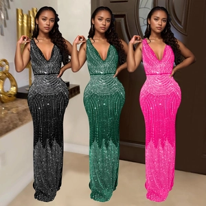 Women Deep V Neck Sleeveless Rhinestone Maxi Dress Elegant Evening Party Bodycon Fish Tail Long Dress For Banquet