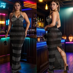 Elegant black bodycon halter dress with sequins and pearls and sexy high back slit detail
