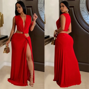 Elegant deep V-neck sleeveless maxi dress in red with waist cutout and high slit detail