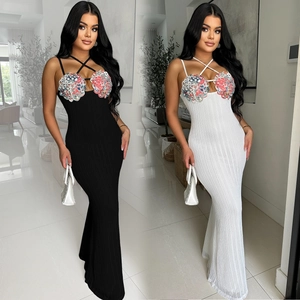 Women Elegant Ribbed Knit Maxi Dress Sequin Floral Patch Halter Neck Sleeveless Bodycon Floor Length Evening Party Gown