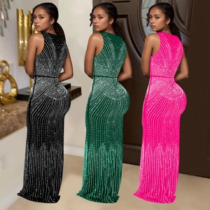Detail of slim-fit sleeveless maxi dress with rhinestones in black, green and fuchsia