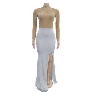Detail of sheer mesh bodice with silver rhinestones and long sleeves on white gown