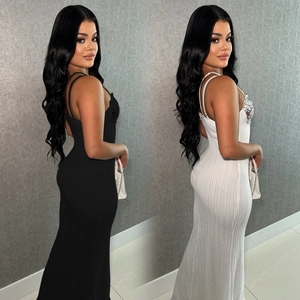 Slim fit sleeveless rib-knit maxi dress with thin straps in black and white colors