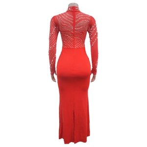 Detailed back view of a red evening dress with silver rhinestones and pearls embroidery