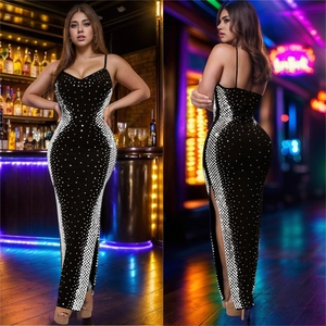 Elegant black V-neck sequined slim maxi dress with side slit for evening parties