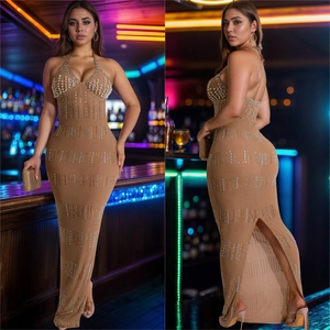 Deep V-neck evening gown with rhinestones, pearls and sequins on camel fabric