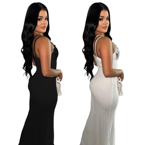 Sleeveless bodycon maxi dress for women in black and white ribbed knit fabric